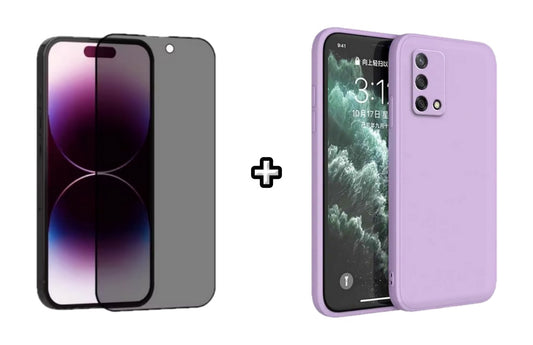 Set Husa Silicon plus Folie din sticla Privacy compatibila cu OPPO A74 4G, mov, protectie 360
