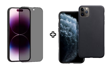 Set Husa Silicon + Folie din sticla Privacy compatibila cu Apple iPhone 11 Pro Max, neagra, protectie 360