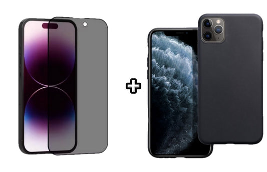 Set Husa Silicon + Folie din sticla Privacy compatibila cu Apple iPhone 11 Pro, neagra, protectie 360