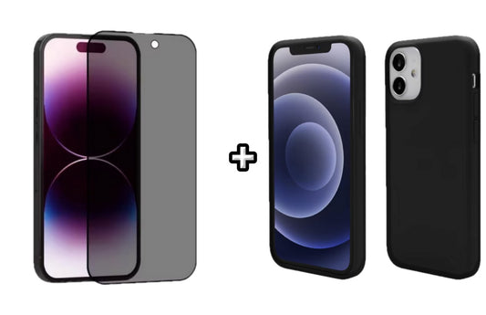 Set Husa Silicon + Folie din sticla Privacy compatibila cu Apple iPhone 11, neagra, protectie 360