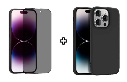 Set Husa Silicon + Folie din sticla Privacy compatibila cu Apple iPhone 15 Pro, neagra, protectie 360
