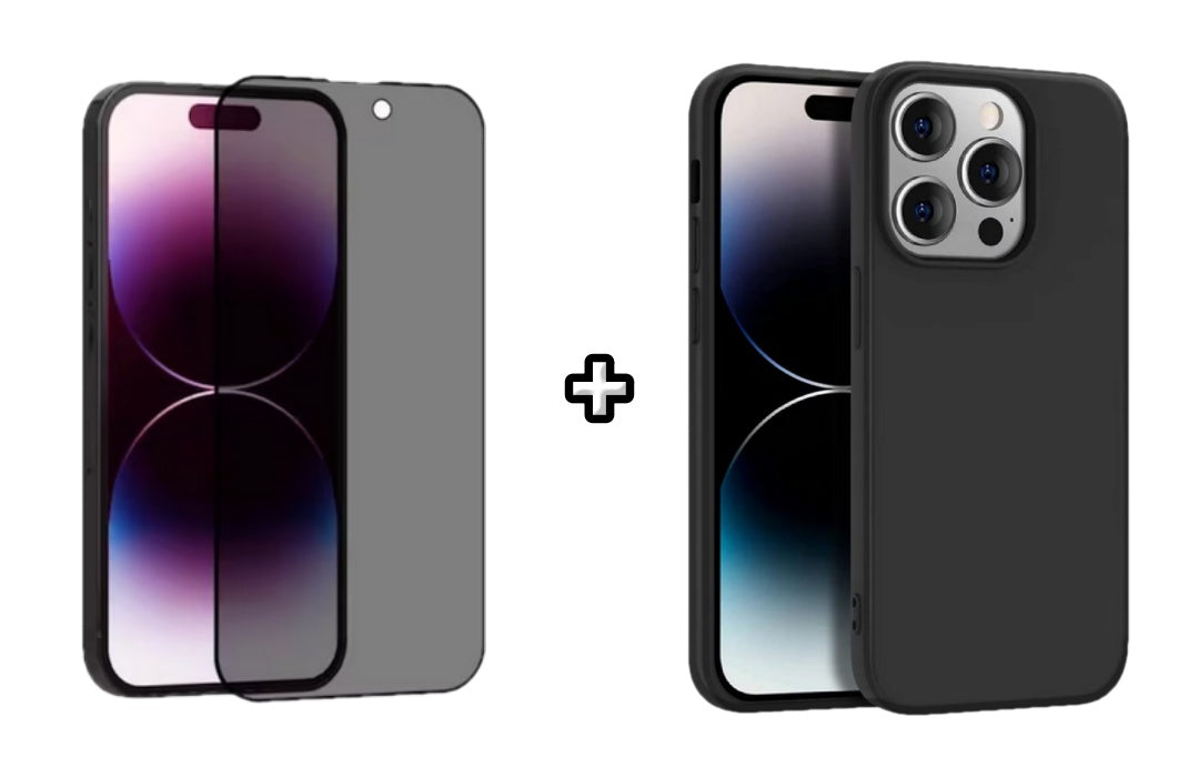 Set Husa Silicon + Folie din sticla Privacy compatibila cu Apple iPhone 14 Pro, neagra, protectie 360