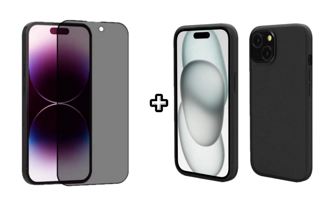 Set Husa Silicon + Folie din sticla Privacy compatibila cu Apple iPhone 14 Plus, neagra, protectie 360