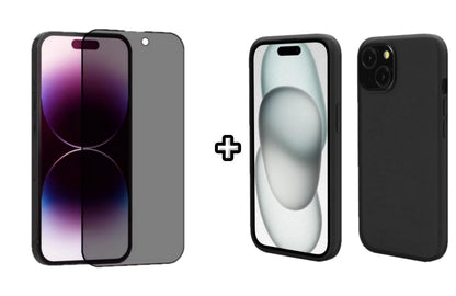 Set Husa Silicon + Folie din sticla Privacy compatibila cu Apple iPhone 14 Plus, neagra, protectie 360