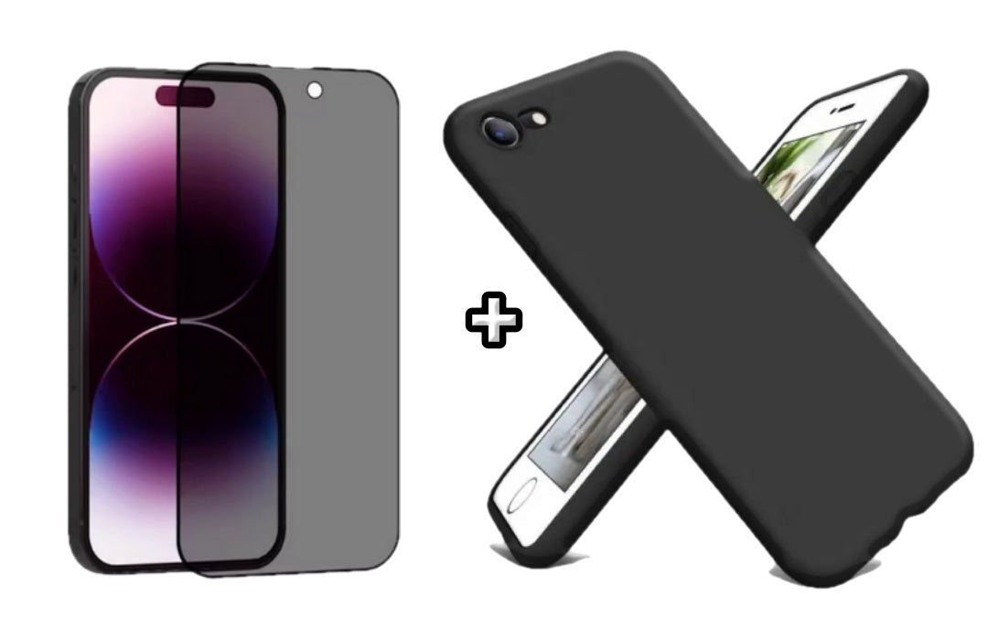 Set Husa Silicon + Folie din sticla Privacy compatibila cu Apple iPhone 7 Plus, neagra, protectie 360
