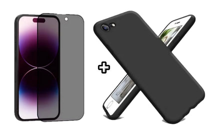 Set Husa Silicon + Folie din sticla Privacy compatibila cu Apple iPhone 7 Plus, neagra, protectie 360