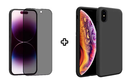 Set Husa Silicon + Folie din sticla Privacy compatibila cu Apple iPhone XR, neagra, protectie 360