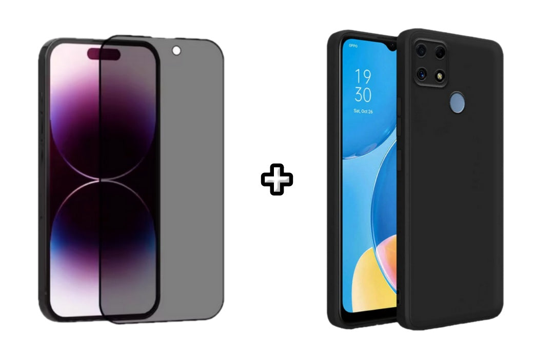 Set Husa Silicon plus Folie din sticla Privacy compatibila cu OPPO A15, neagra, protectie 360