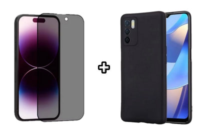 Set Husa Silicon plus Folie din sticla Privacy compatibila cu OPPO A16, neagra, protectie 360