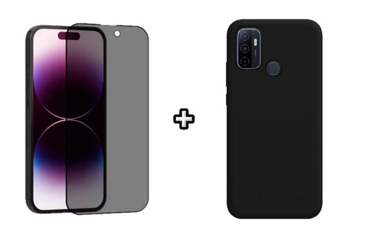 Set Husa Silicon plus Folie din sticla Privacy compatibila cu OPPO A33 4G, neagra, protectie 360