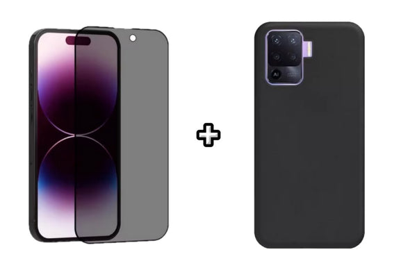 Set Husa Silicon plus Folie din sticla Privacy compatibila cu OPPO Reno5 Lite, neagra, protectie 360