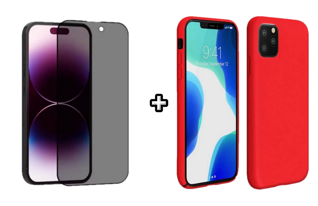Set Husa Silicon + Folie din sticla Privacy compatibila cu Apple iPhone 11 Pro Max, rosie, protectie 360