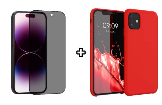 Set Husa Silicon + Folie din sticla Privacy compatibila cu Apple iPhone 12 Mini, rosie, protectie 360