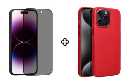 Set Husa Silicon + Folie din sticla Privacy compatibila cu Apple iPhone 15 Pro Max, rosie, protectie 360