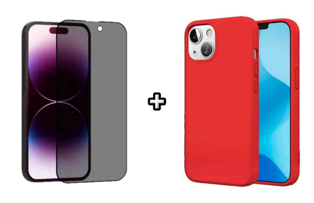 Set Husa Silicon + Folie din sticla Privacy compatibila cu Apple iPhone 13, rosie, protectie 360