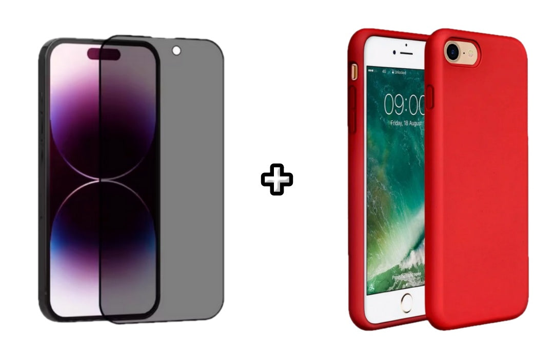 Set Husa Silicon + Folie din sticla Privacy compatibila cu Apple iPhone 7 Plus, rosie, protectie 360