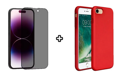 Set Husa Silicon + Folie din sticla Privacy compatibila cu Apple iPhone 7, rosie, protectie 360