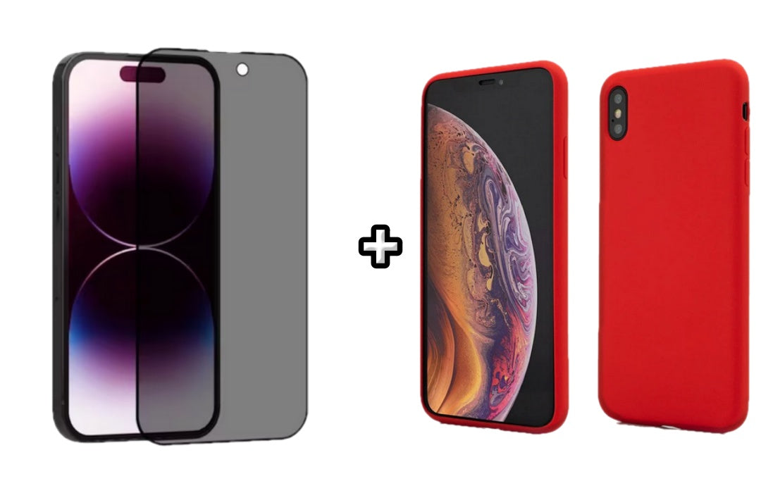 Set Husa Silicon + Folie din sticla Privacy compatibila cu Apple iPhone XS Max, rosie, protectie 360