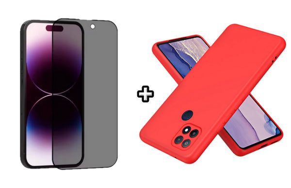 Set Husa Silicon plus Folie din sticla Privacy compatibila cu OPPO A15, rosie, protectie 360