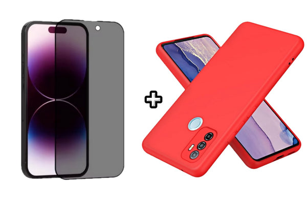 Set Husa Silicon plus Folie din sticla Privacy compatibila cu OPPO A33 4G, rosie, protectie 360