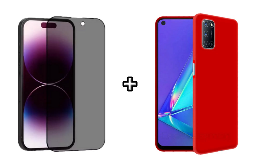 Set Husa Silicon plus Folie din sticla Privacy compatibila cu OPPO A52, rosie, protectie 360
