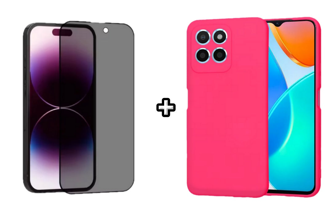 Set Husa Silicon plus Folie din sticla Privacy compatibila cu Honor X8b, roz neon, protectie 360