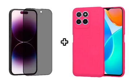 Set Husa Silicon plus Folie din sticla Privacy compatibila cu Honor X8b, roz neon, protectie 360