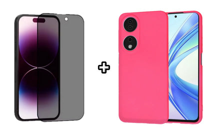 Set Husa Silicon plus Folie din sticla Privacy compatibila cu Honor X7b, roz neon, protectie 360