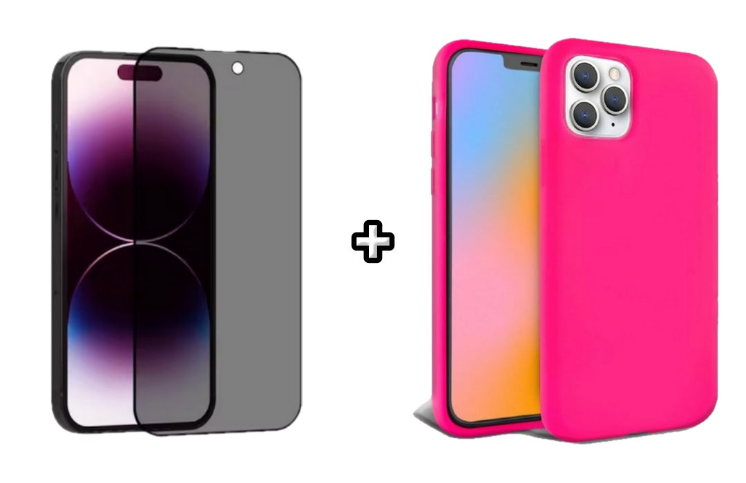 Set Husa Silicon + Folie din sticla Privacy compatibila cu Apple iPhone 11 Pro Max, roz neon, protectie 360