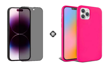Set Husa Silicon + Folie din sticla Privacy compatibila cu Apple iPhone 11 Pro Max, roz neon, protectie 360