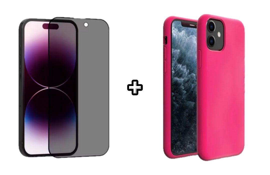 Set Husa Silicon + Folie din sticla Privacy compatibila cu Apple iPhone 12 Mini, roz neon, protectie 360