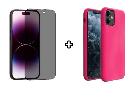 Set Husa Silicon + Folie din sticla Privacy compatibila cu Apple iPhone 12 Mini, roz neon, protectie 360