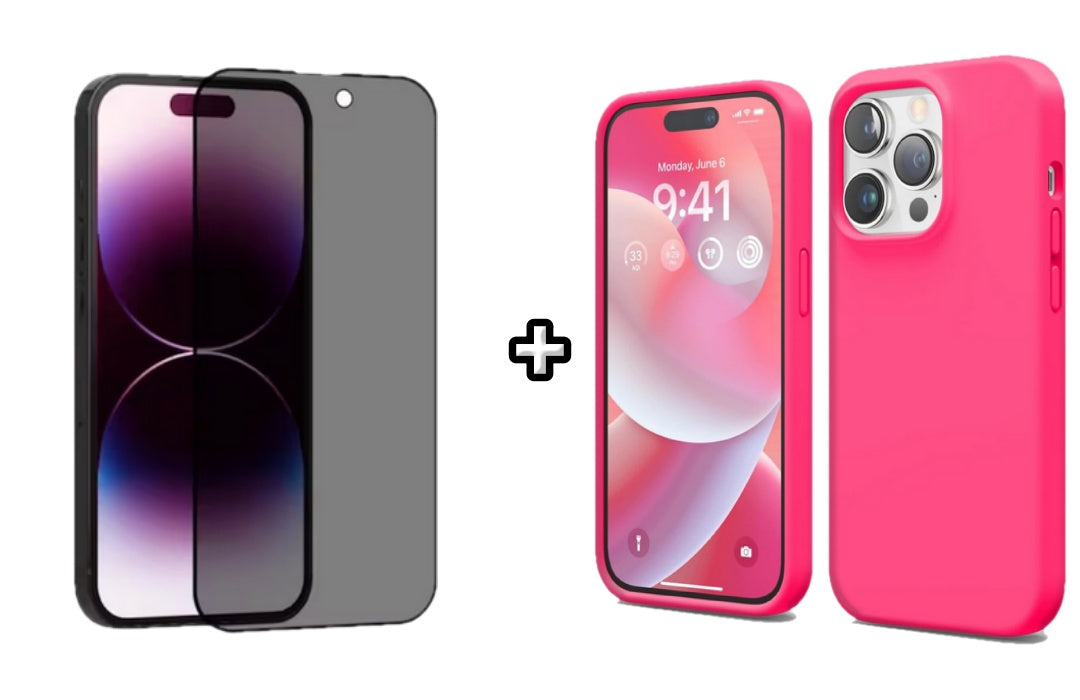 Set Husa Silicon + Folie din sticla Privacy compatibila cu Apple iPhone 15 Pro, roz neon, protectie 360