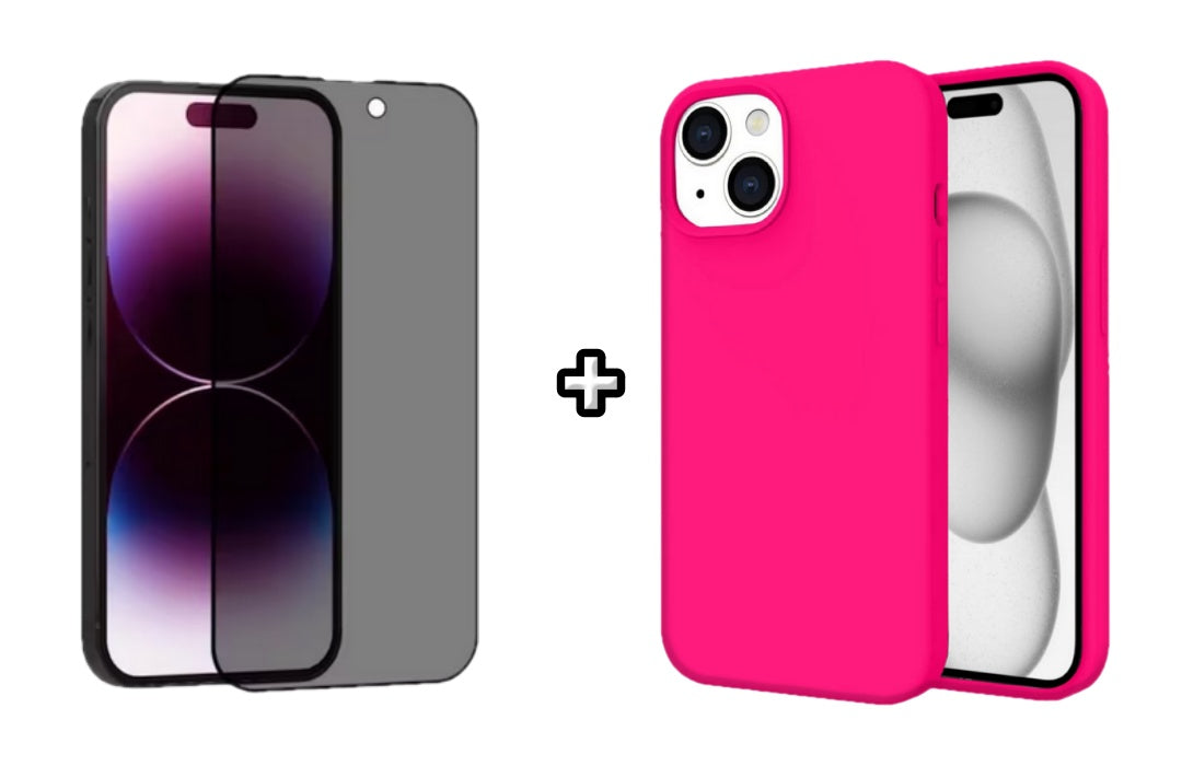 Set Husa Silicon + Folie din sticla Privacy compatibila cu Apple iPhone 15, roz neon, protectie 360