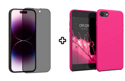 Set Husa Silicon + Folie din sticla Privacy compatibila cu Apple iPhone 7 Plus, roz neon, protectie 360