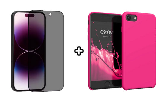 Set Husa Silicon + Folie din sticla Privacy compatibila cu Apple iPhone 7 Plus, roz neon, protectie 360