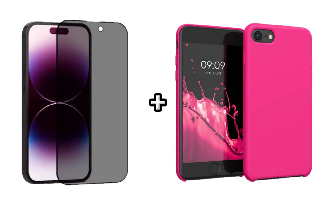 Set Husa Silicon + Folie din sticla Privacy compatibila cu Apple iPhone 7, roz neon, protectie 360
