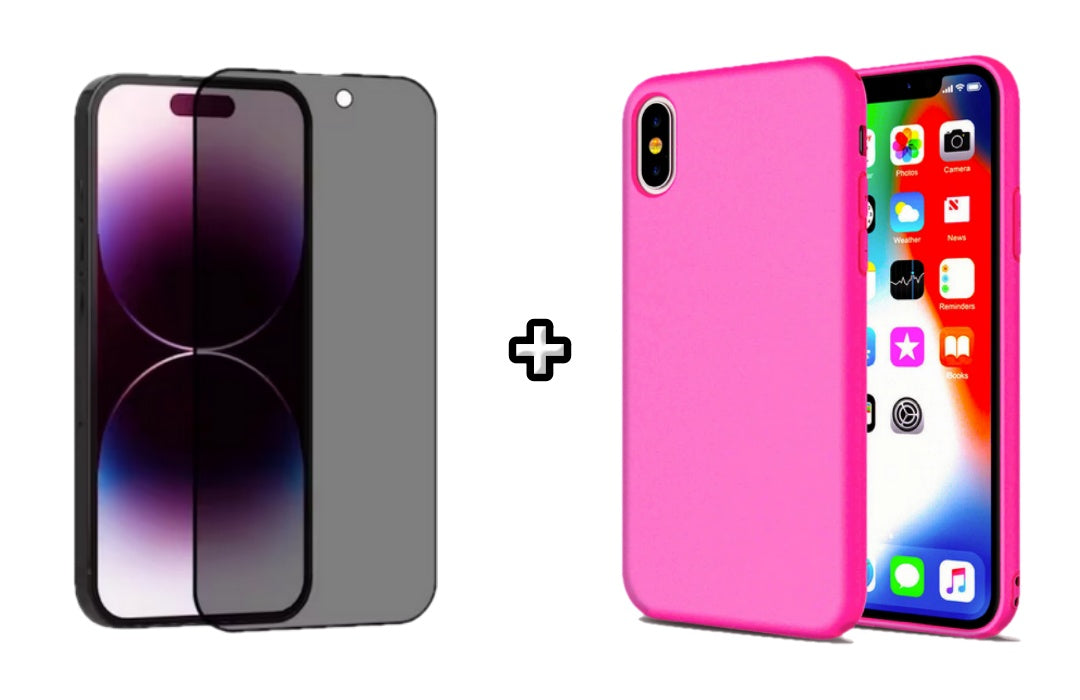 Set Husa Silicon + Folie din sticla Privacy compatibila cu Apple iPhone XR, roz neon, protectie 360