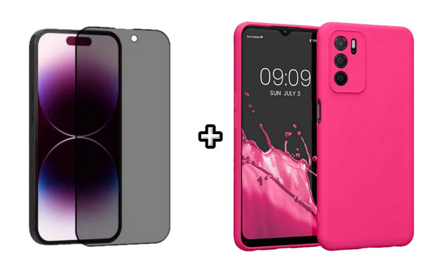 Set Husa Silicon plus Folie din sticla Privacy compatibila cu OPPO A16, roz neon, protectie 360