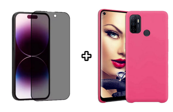 Set Husa Silicon plus Folie din sticla Privacy compatibila cu OPPO A33 4G, roz neon, protectie 360