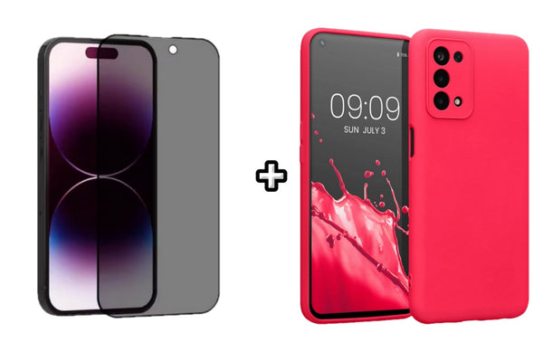 Set Husa Silicon plus Folie din sticla Privacy compatibila cu OPPO A52, roz neon, protectie 360