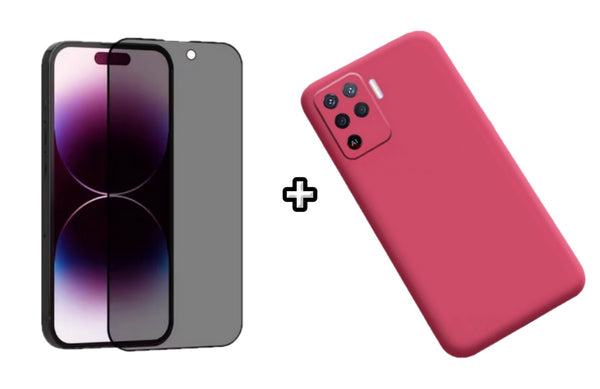 Set Husa Silicon plus Folie din sticla Privacy compatibila cu OPPO Reno5 Lite, roz neon, protectie 360