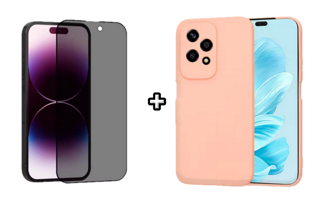 Set Husa Silicon plus Folie din sticla Privacy compatibila cu Honor 200 Lite, roz pudra, protectie 360