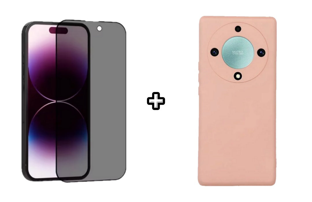 Set Husa Silicon plus Folie din sticla Privacy compatibila cu Honor Magic6 Lite, roz pudra, protectie 360