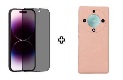 Set Husa Silicon plus Folie din sticla Privacy compatibila cu Honor Magic5 Lite, roz pudra, protectie 360