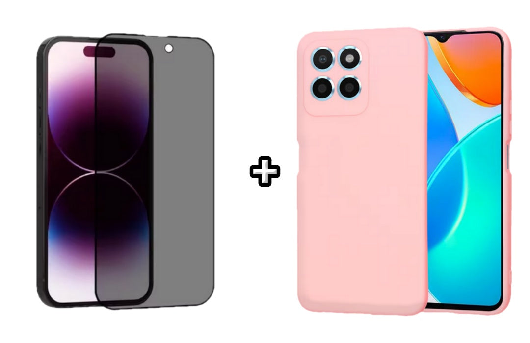 Set Husa Silicon plus Folie din sticla Privacy compatibila cu Honor X8b, roz pudra, protectie 360