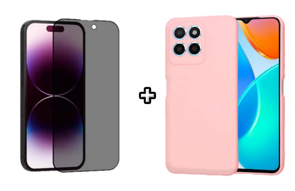 Set Husa Silicon plus Folie din sticla Privacy compatibila cu Honor X8b, roz pudra, protectie 360