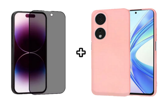 Set Husa Silicon plus Folie din sticla Privacy compatibila cu Honor X7b, roz pudra, protectie 360