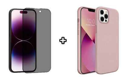 Set Husa Silicon + Folie din sticla Privacy compatibila cu Apple iPhone 12 Pro Max, roz pudra, protectie 360