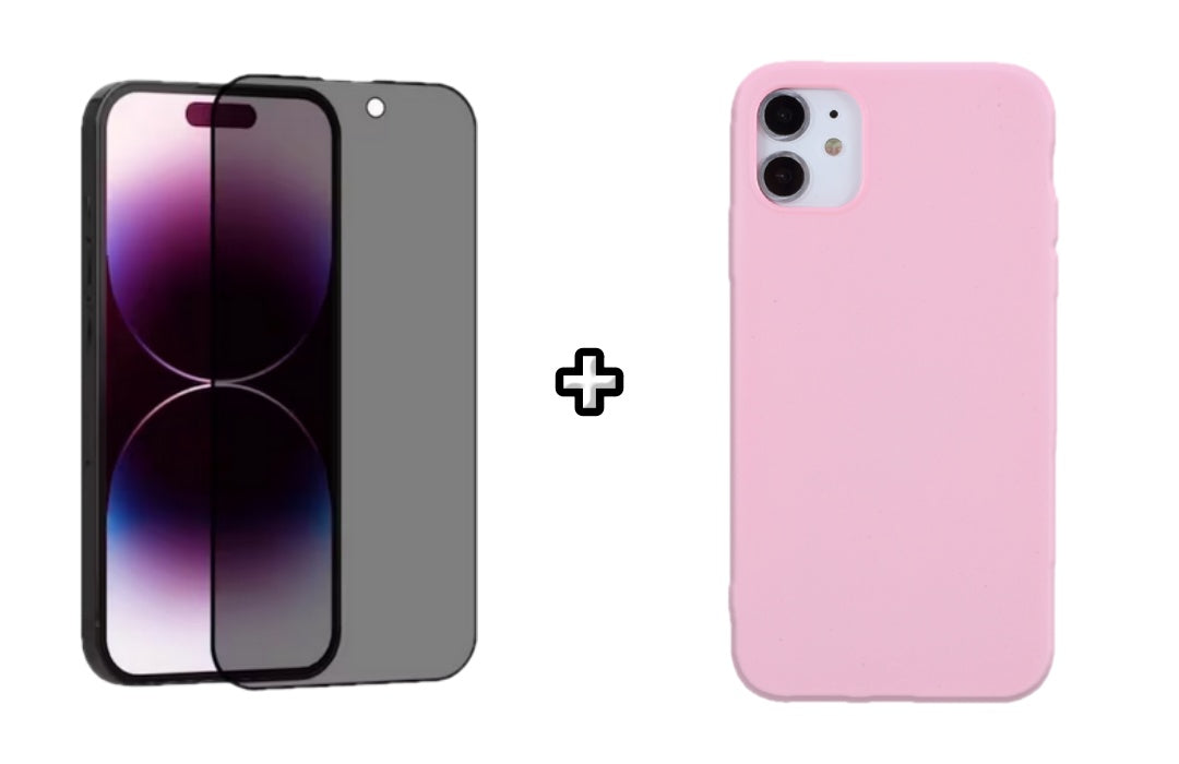 Set Husa Silicon + Folie din sticla Privacy compatibila cu Apple iPhone 12 Mini, roz pudra, protectie 360